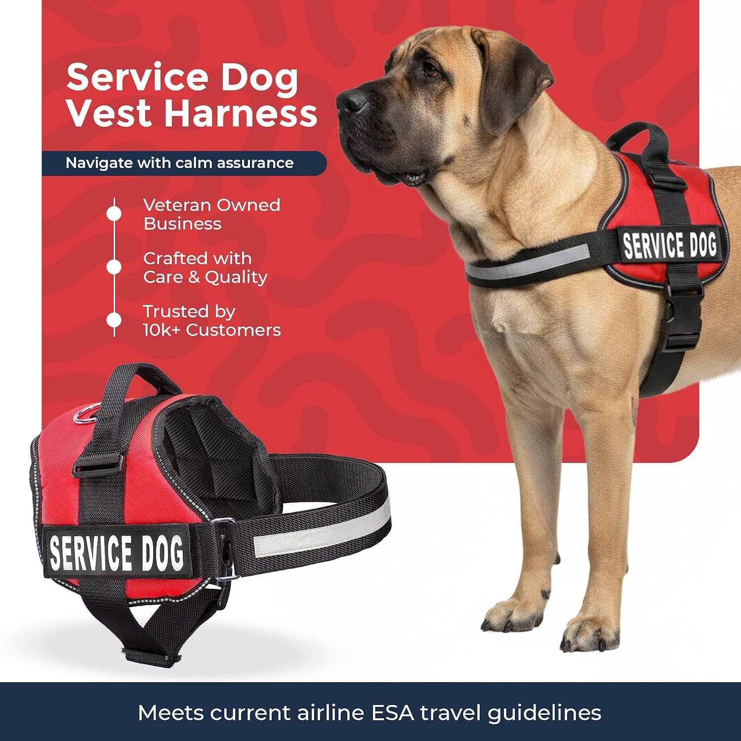 Service Dog Vest Harness - Durable and Adjustable with Reflective Straps, Removable Patches, 50 ADA Cards, Handle and D-Ring for Travel and Daily Use, Bright Red, XL (30"-39")