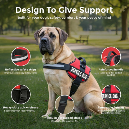 Service Dog Vest Harness - Durable and Adjustable with Reflective Straps, Removable Patches, 50 ADA Cards, Handle and D-Ring for Travel and Daily Use, Bright Red, XL (30"-39")