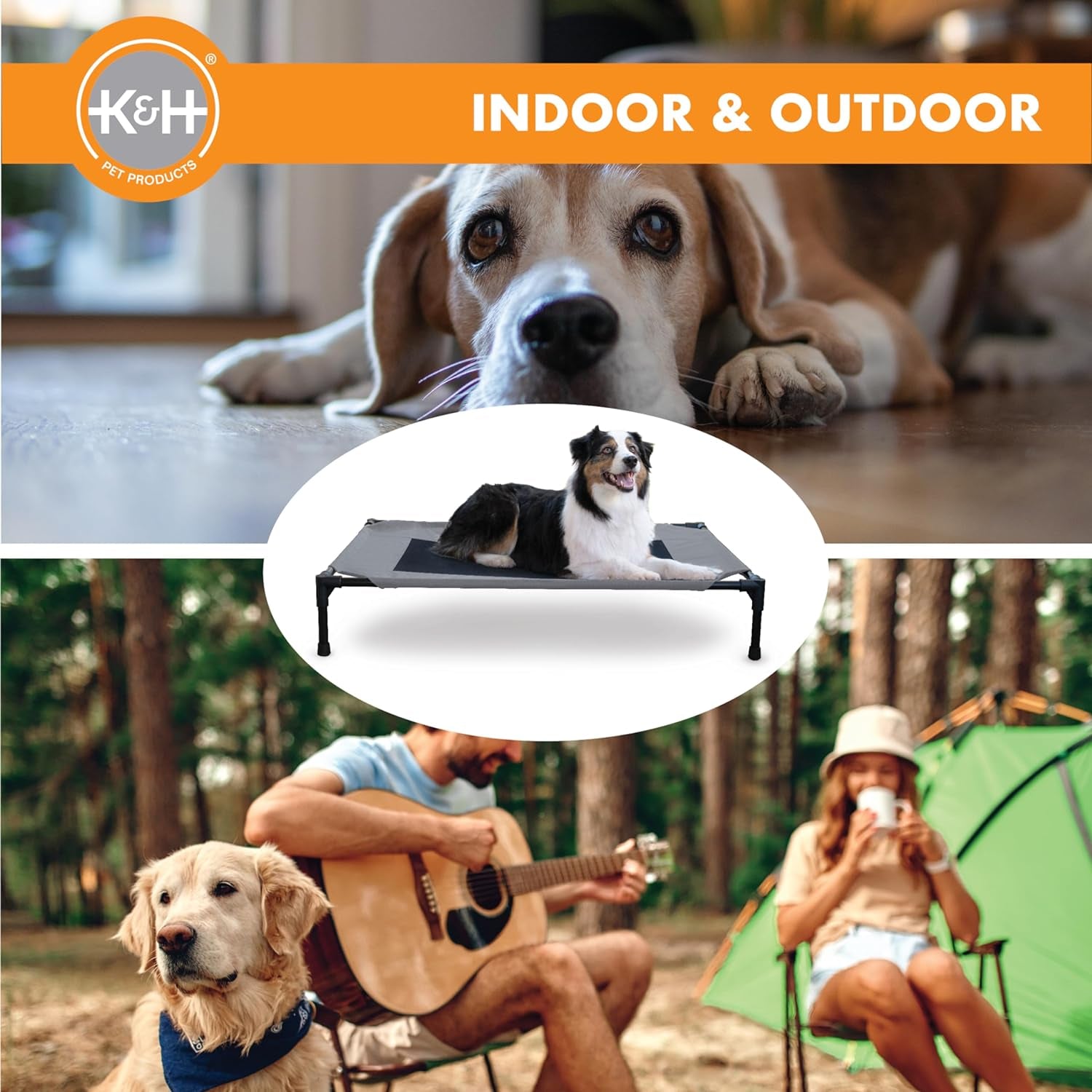 K&H Outdoor Elevated Dog Bed - Cooling Raised Bed for Medium & Large Pets, Breathable Mesh Hammock Design, Washable Cover, Portable Metal Frame, Gray, Large 42" x 30