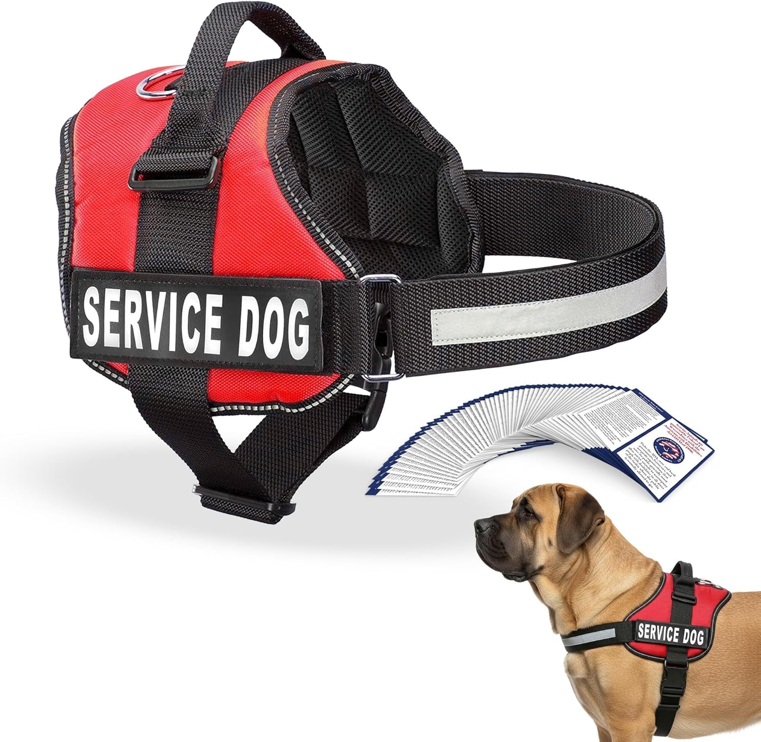 Service Dog Vest Harness - Durable and Adjustable with Reflective Straps, Removable Patches, 50 ADA Cards, Handle and D-Ring for Travel and Daily Use, Bright Red, XL (30"-39")