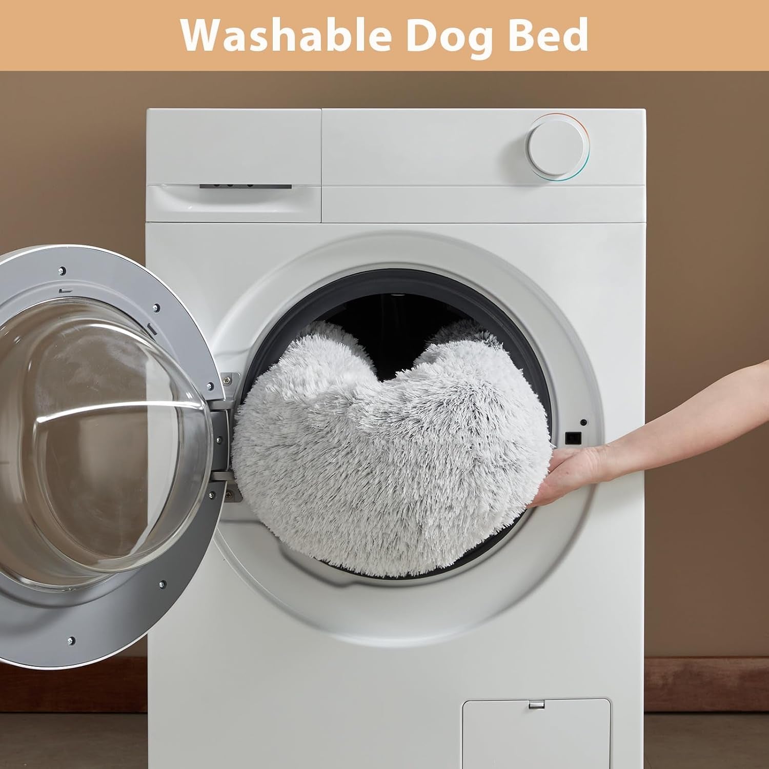 Round Calming Small Dog and Cat Bed for Comfortable Sleep, Washable Plush Puppy Bed with Faux Fur, Anti-Anxiety Donut Cuddler (24 x 24 x 8 Inch, Light Grey)