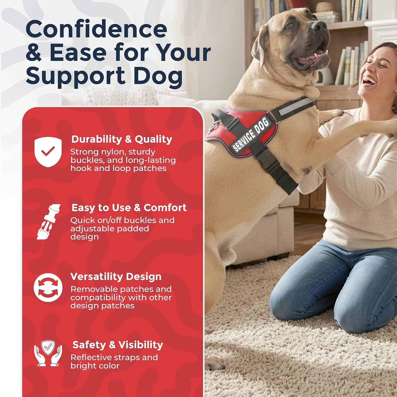 Service Dog Vest Harness - Durable and Adjustable with Reflective Straps, Removable Patches, 50 ADA Cards, Handle and D-Ring for Travel and Daily Use, Bright Red, XL (30"-39")