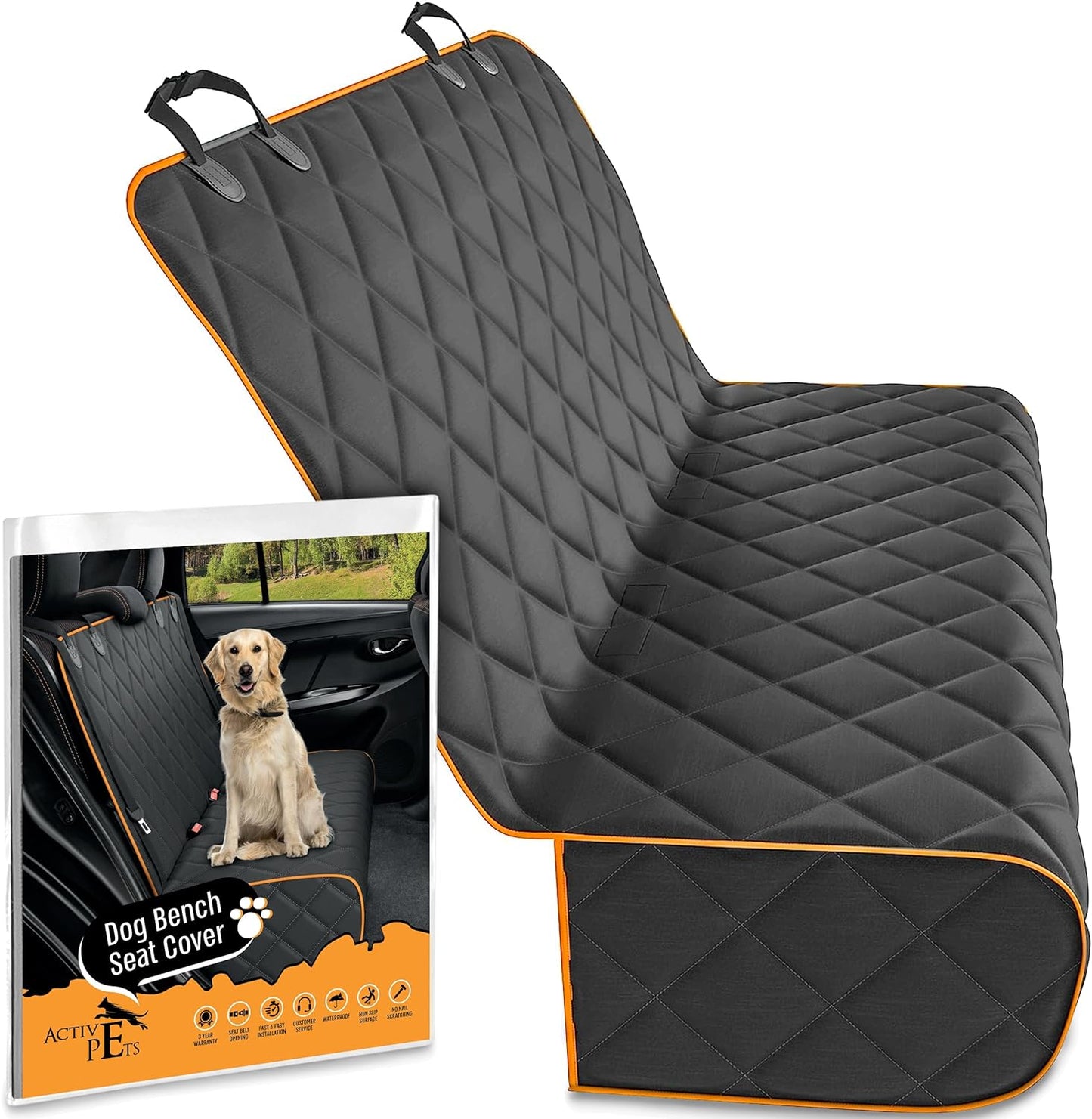 Orange Car Rear Seat Cover for Dogs, Durable Waterproof & Scratch Resistant Vehicle Backseat Protector, Nonslip Dog Accessory & Pet Protection for Back Seats, Machine Washable