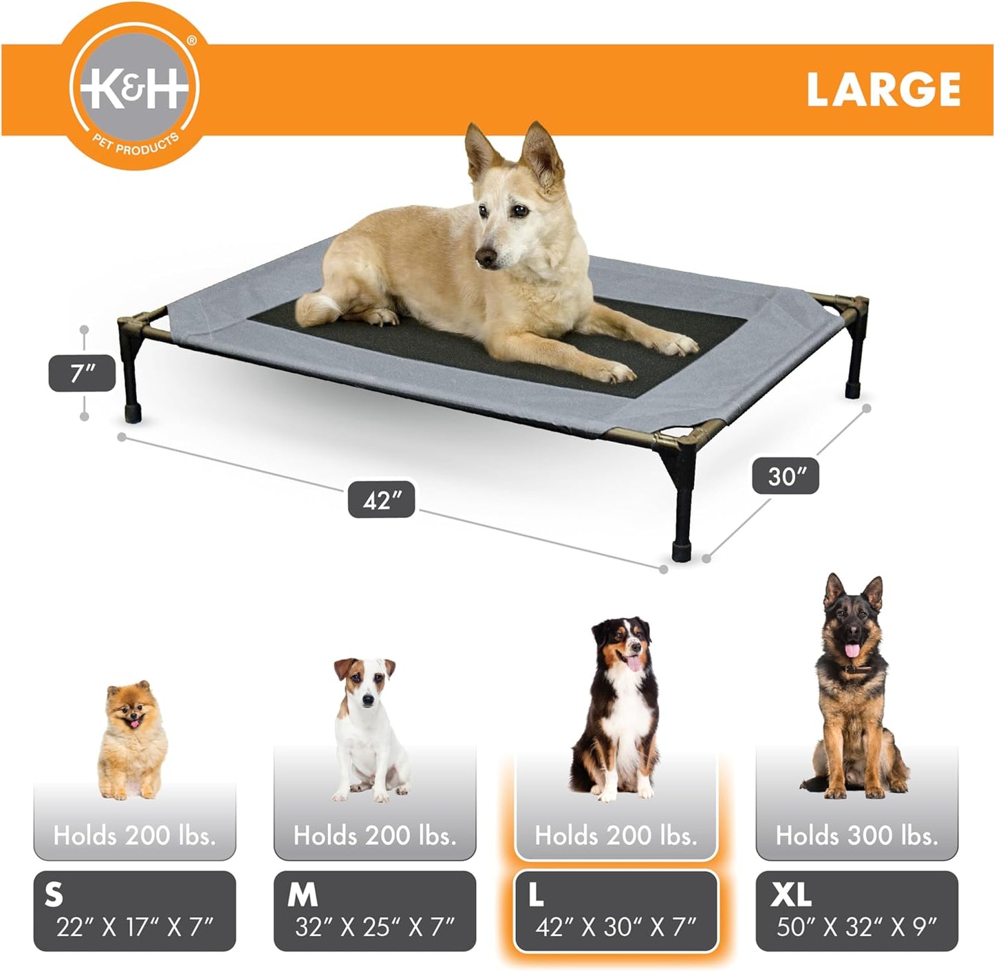 K&H Outdoor Elevated Dog Bed - Cooling Raised Bed for Medium & Large Pets, Breathable Mesh Hammock Design, Washable Cover, Portable Metal Frame, Gray, Large 42" x 30