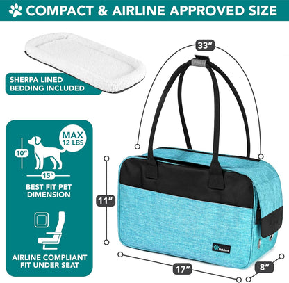 Soft-Sided TSA Airline Approved Dog Purse Carrier for Small Pets, Ventilated Travel Tote with Pockets, Bed & Shoulder Strap, Maximum Weight 12 lbs, Turquoise