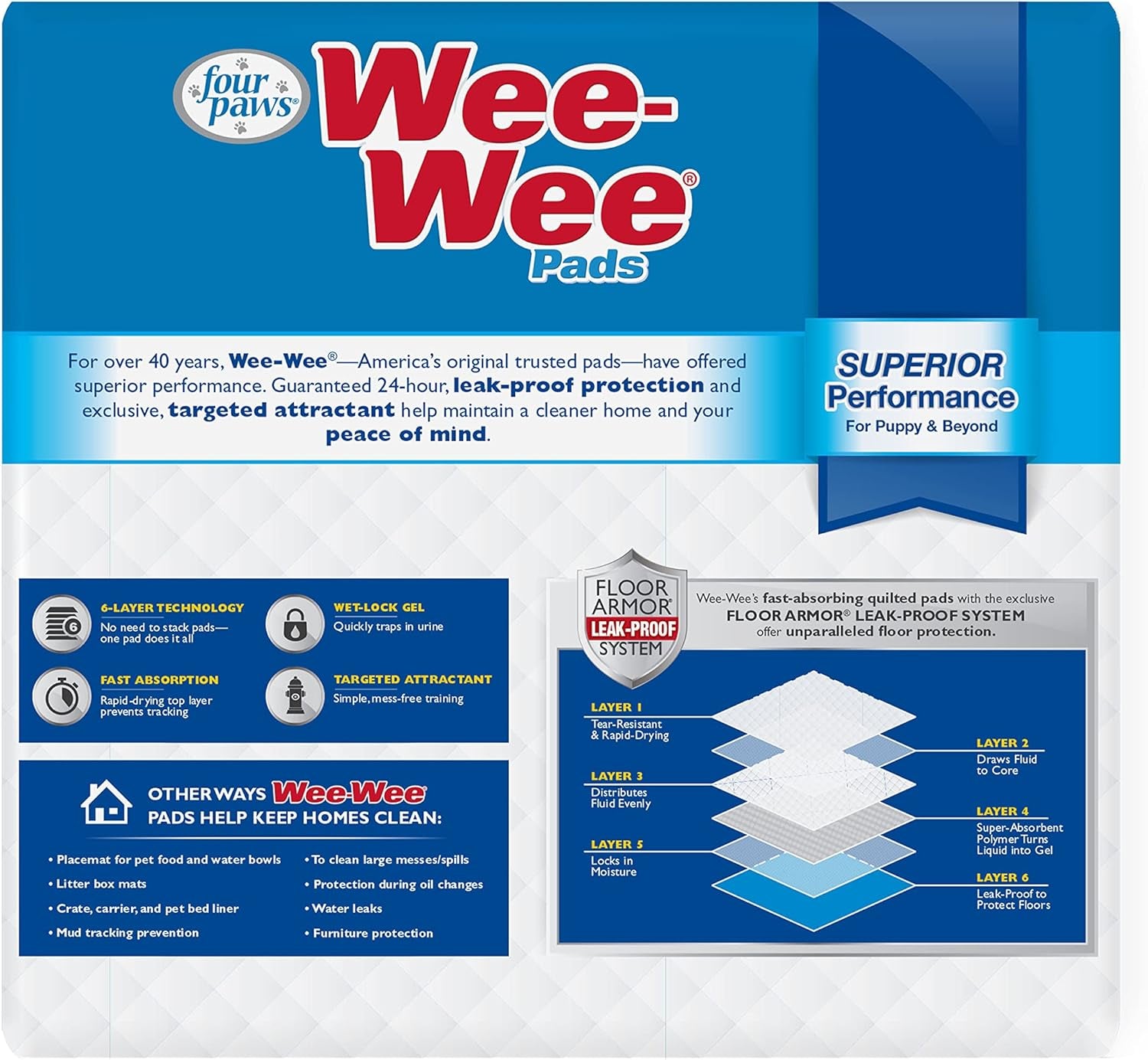 Wee-Wee Superior Performance Unscented Dog and Puppy Pee Pads, Quilted Leak-Proof Design for Housebreaking and Potty Training, 22" x 23", 100 Count