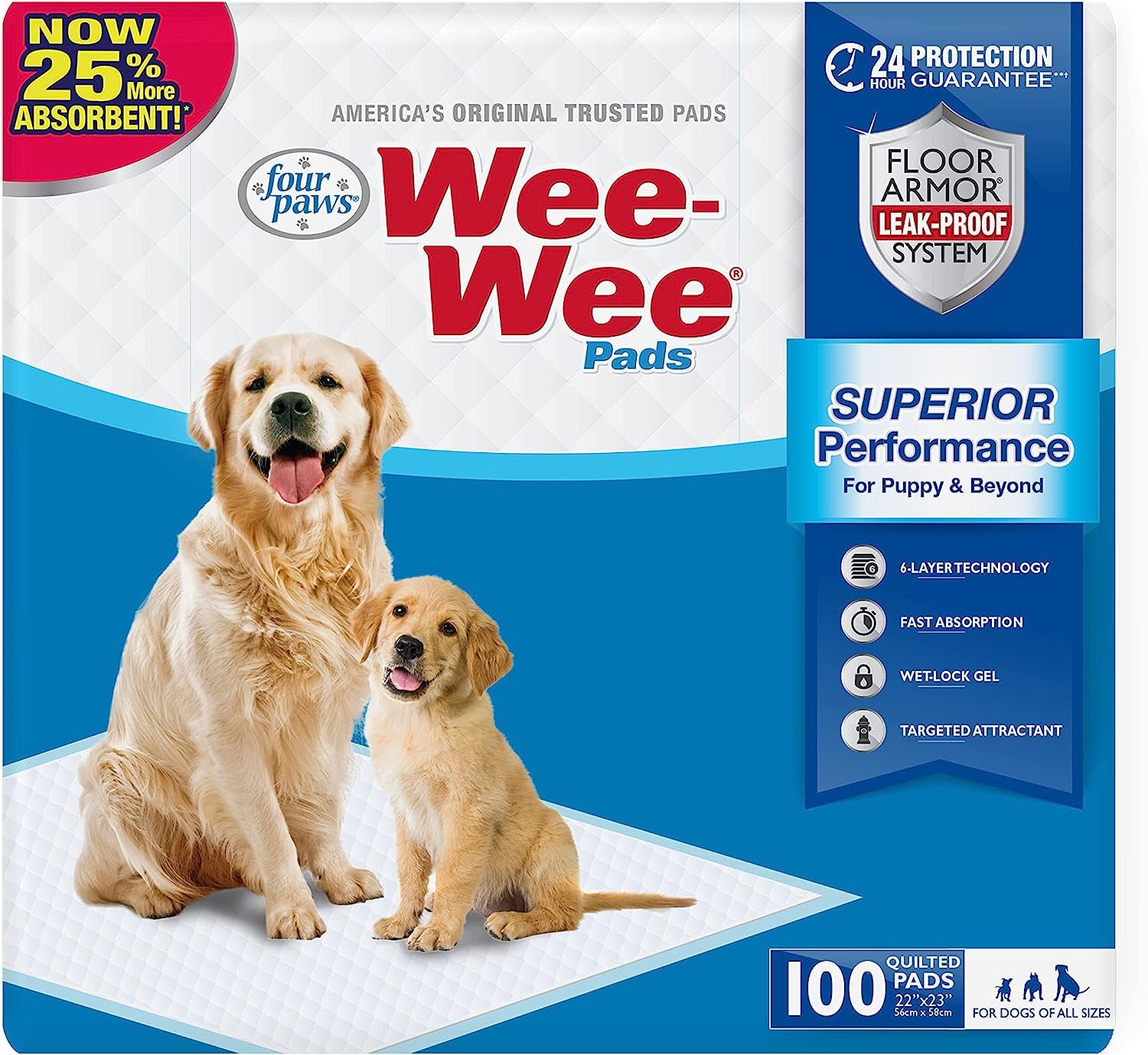 Wee-Wee Superior Performance Unscented Dog and Puppy Pee Pads, Quilted Leak-Proof Design for Housebreaking and Potty Training, 22" x 23", 100 Count