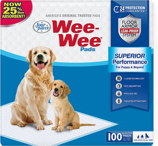 Wee-Wee Superior Performance Unscented Dog and Puppy Pee Pads, Quilted Leak-Proof Design for Housebreaking and Potty Training, 22" x 23", 100 Count