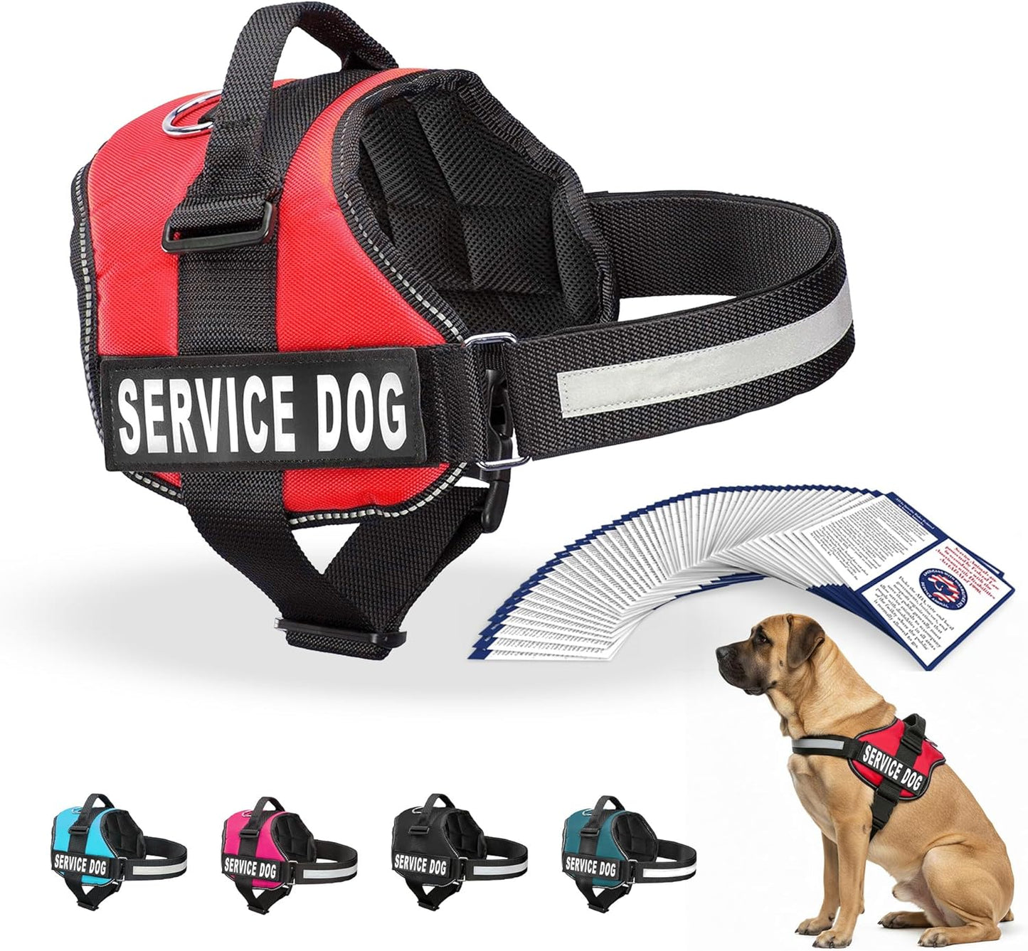 Service Dog Vest Harness - Durable and Adjustable with Reflective Straps, Removable Patches, 50 ADA Cards, Handle and D-Ring for Travel and Daily Use, Bright Red, XL (30"-39")