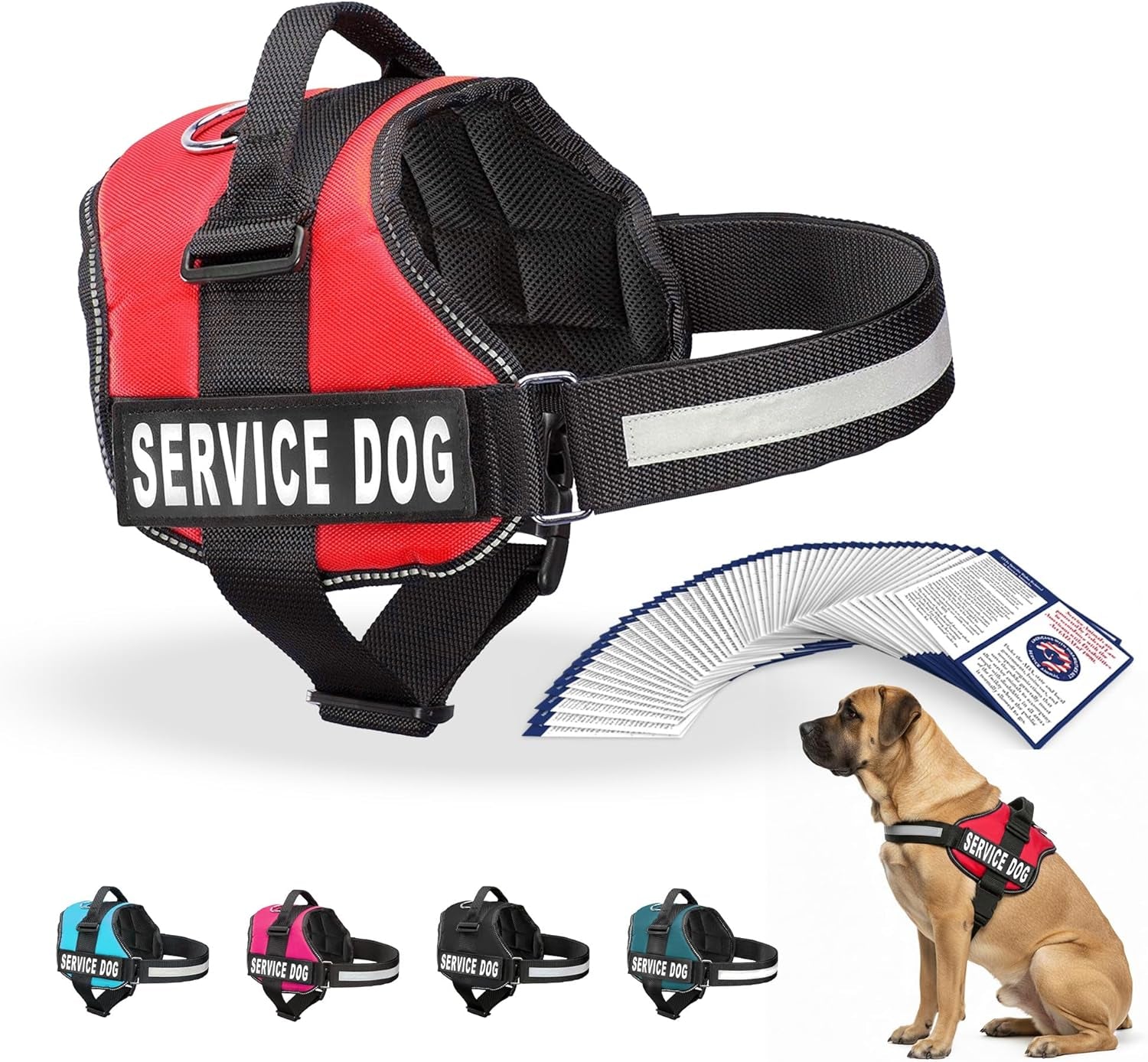 Service Dog Vest Harness - Durable and Adjustable with Reflective Straps, Removable Patches, 50 ADA Cards, Handle and D-Ring for Travel and Daily Use, Bright Red, XL (30"-39")