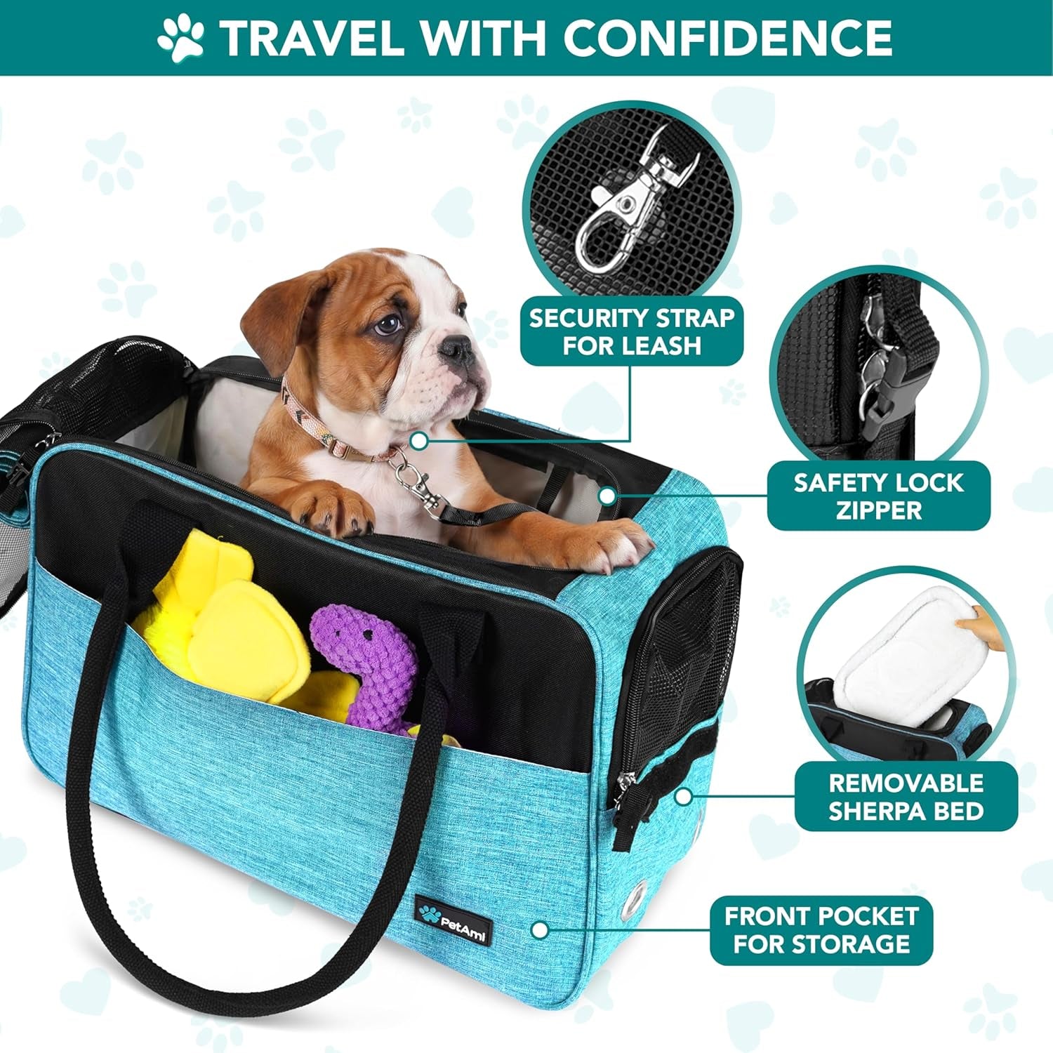 Soft-Sided TSA Airline Approved Dog Purse Carrier for Small Pets, Ventilated Travel Tote with Pockets, Bed & Shoulder Strap, Maximum Weight 12 lbs, Turquoise