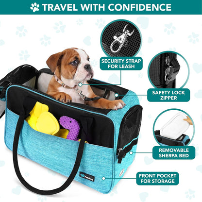 Soft-Sided TSA Airline Approved Dog Purse Carrier for Small Pets, Ventilated Travel Tote with Pockets, Bed & Shoulder Strap, Maximum Weight 12 lbs, Turquoise