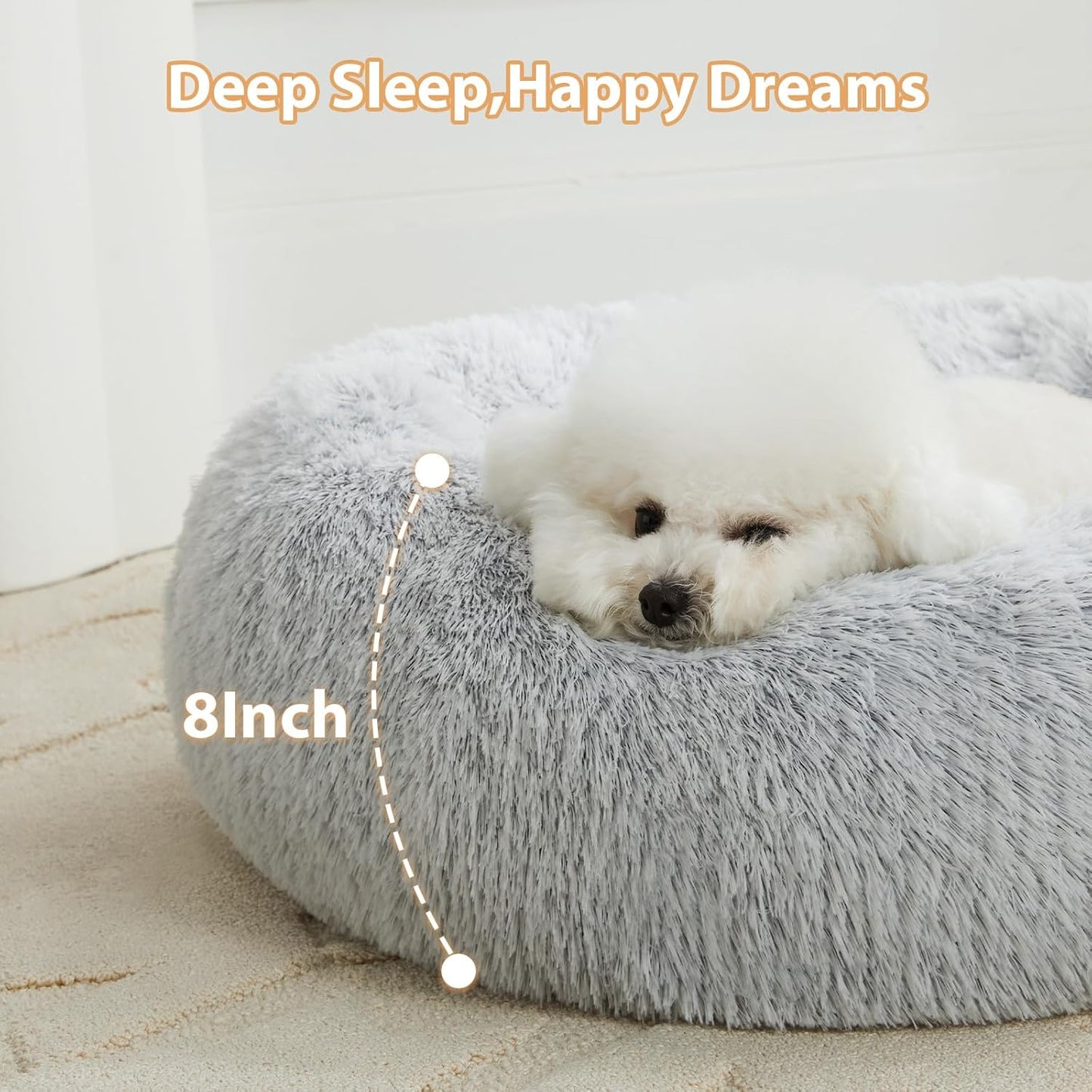Round Calming Small Dog and Cat Bed for Comfortable Sleep, Washable Plush Puppy Bed with Faux Fur, Anti-Anxiety Donut Cuddler (24 x 24 x 8 Inch, Light Grey)