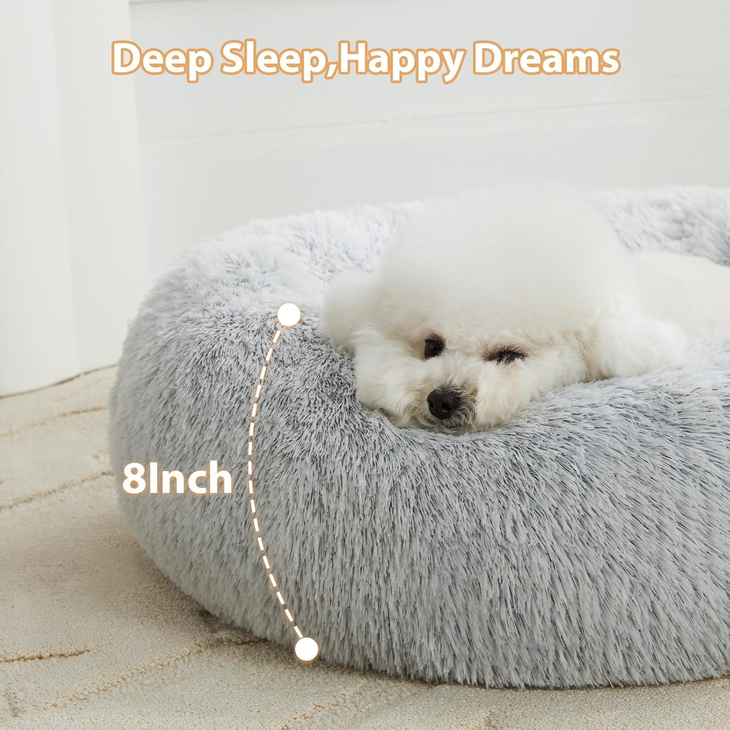 Round Calming Small Dog and Cat Bed for Comfortable Sleep, Washable Plush Puppy Bed with Faux Fur, Anti-Anxiety Donut Cuddler (24 x 24 x 8 Inch, Light Grey)