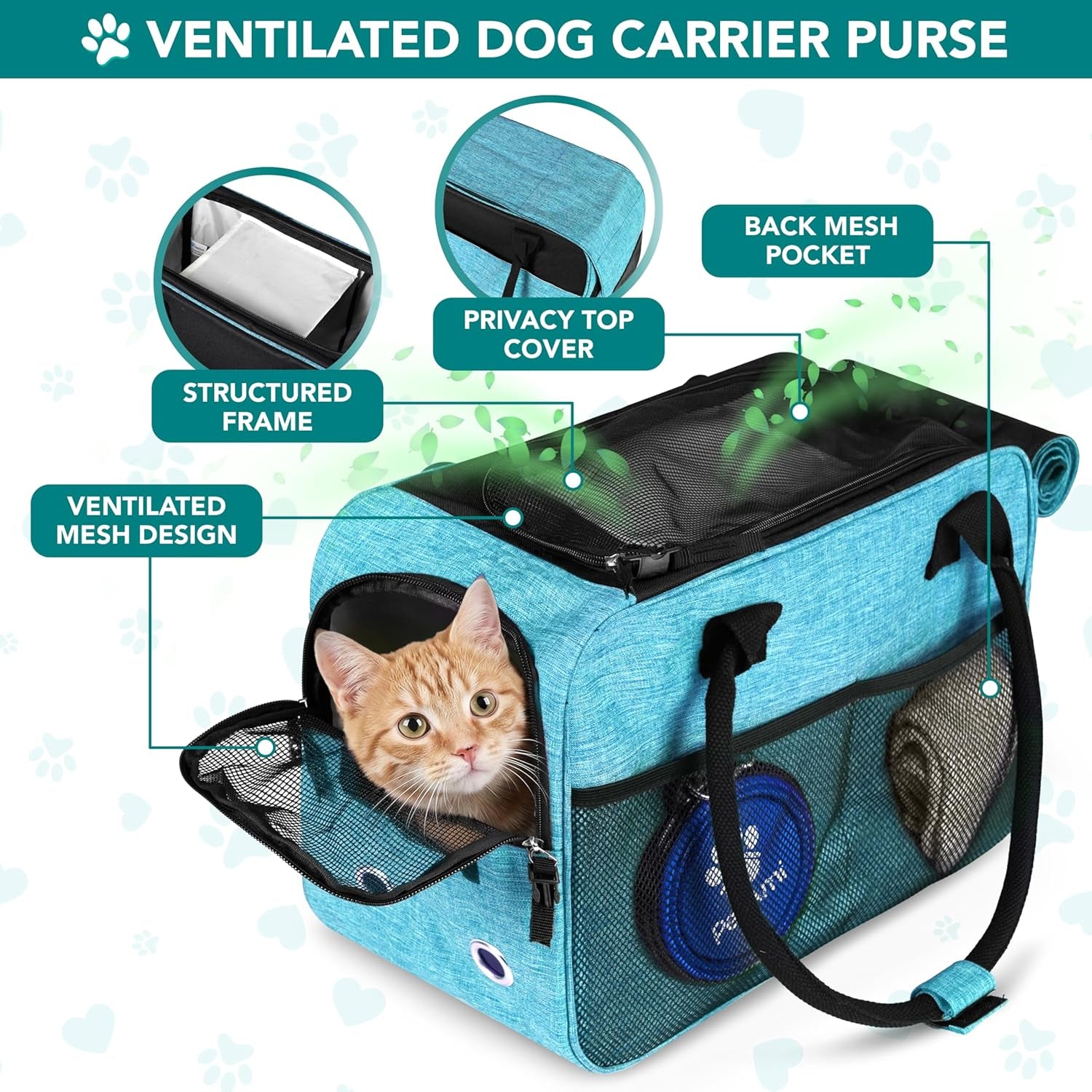 Soft-Sided TSA Airline Approved Dog Purse Carrier for Small Pets, Ventilated Travel Tote with Pockets, Bed & Shoulder Strap, Maximum Weight 12 lbs, Turquoise