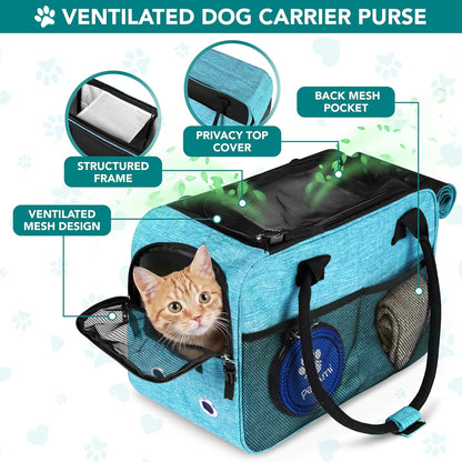 Soft-Sided TSA Airline Approved Dog Purse Carrier for Small Pets, Ventilated Travel Tote with Pockets, Bed & Shoulder Strap, Maximum Weight 12 lbs, Turquoise