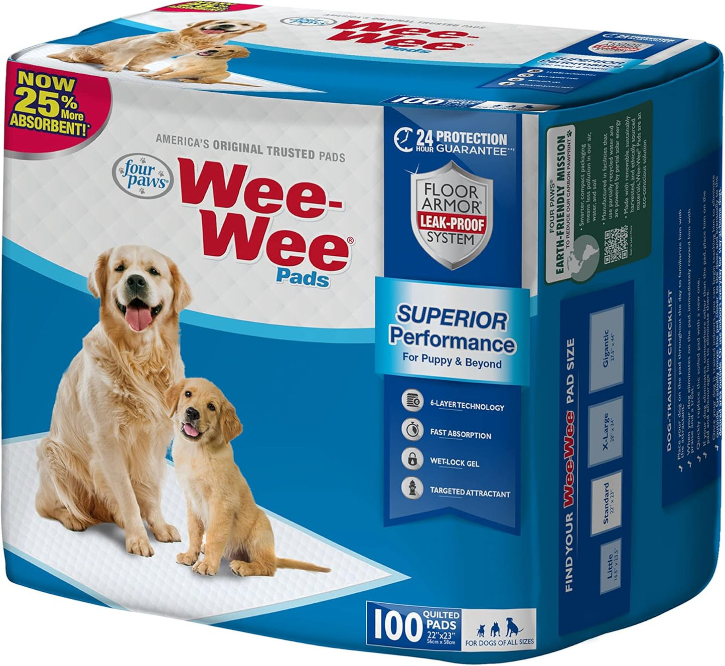 Wee-Wee Superior Performance Unscented Dog and Puppy Pee Pads, Quilted Leak-Proof Design for Housebreaking and Potty Training, 22" x 23", 100 Count