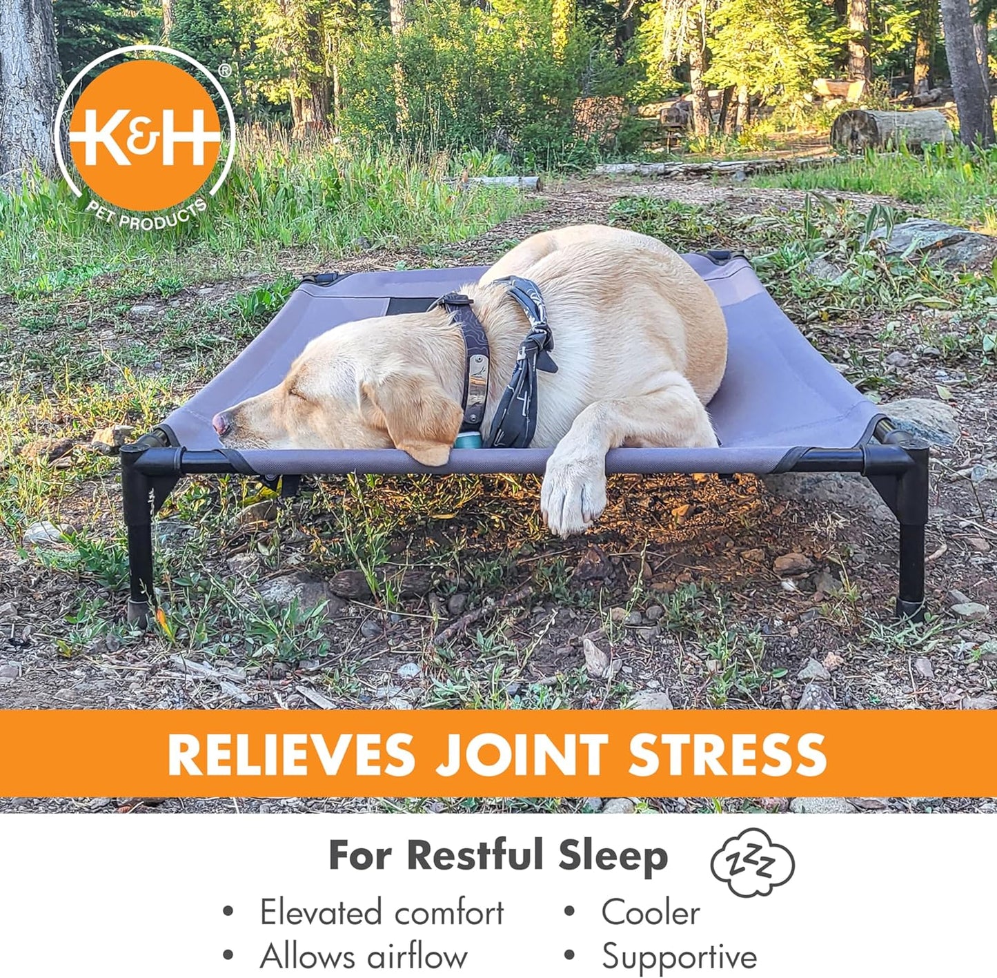 K&H Outdoor Elevated Dog Bed - Cooling Raised Bed for Medium & Large Pets, Breathable Mesh Hammock Design, Washable Cover, Portable Metal Frame, Gray, Large 42" x 30