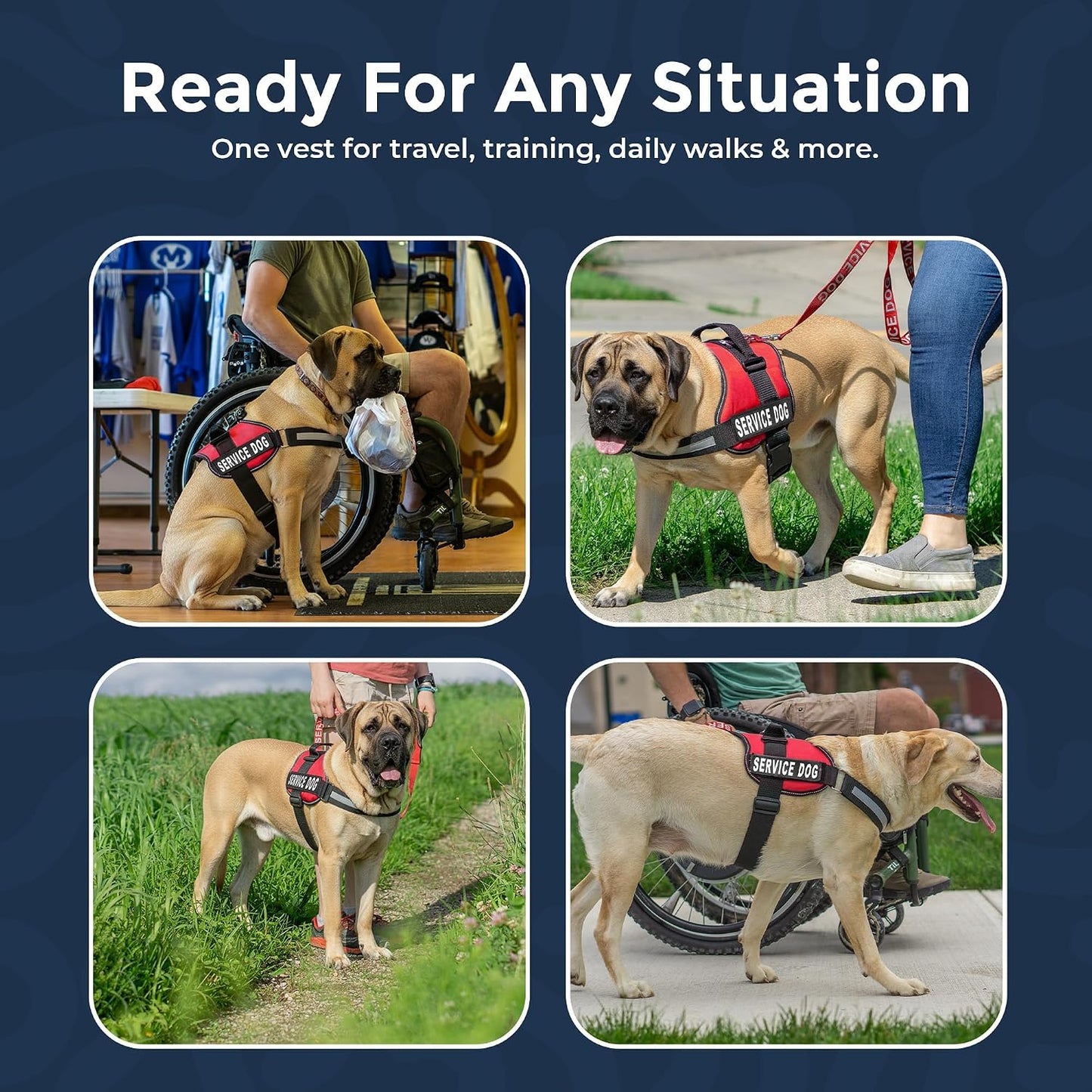 Service Dog Vest Harness - Durable and Adjustable with Reflective Straps, Removable Patches, 50 ADA Cards, Handle and D-Ring for Travel and Daily Use, Bright Red, XL (30"-39")