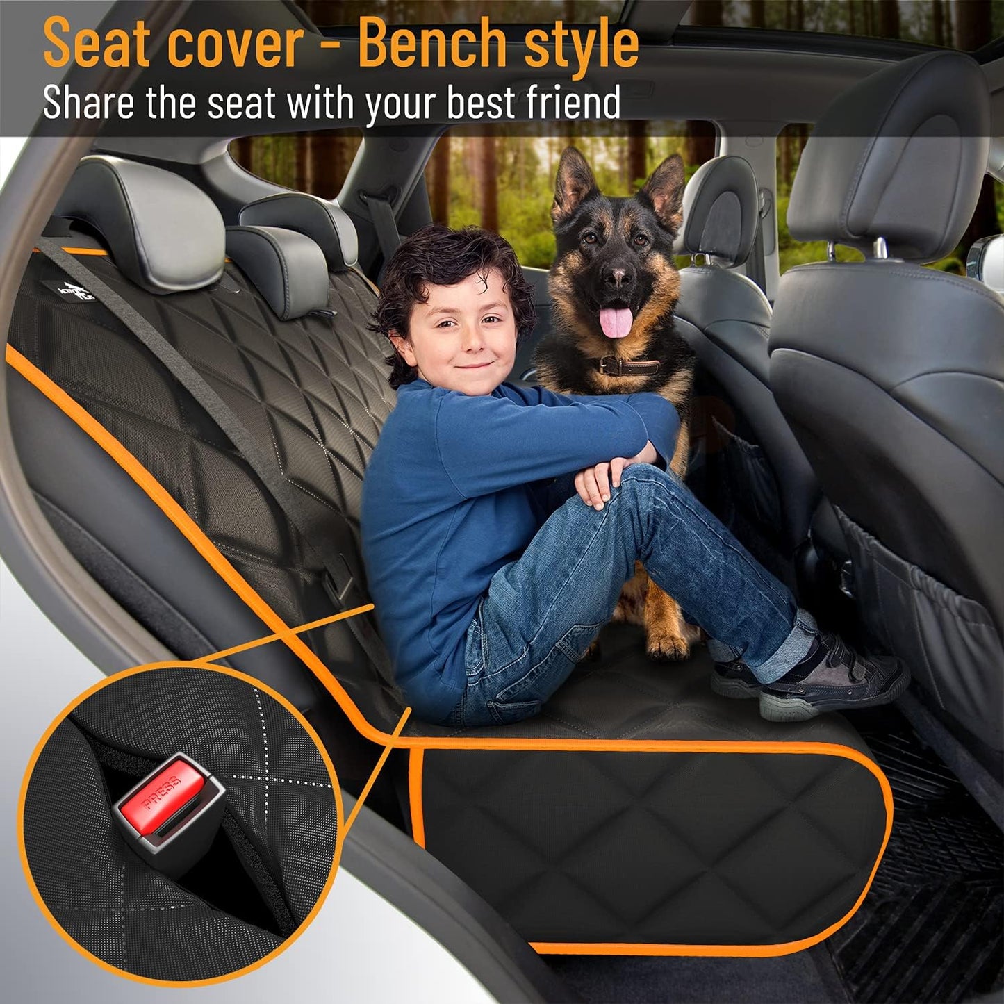 Orange Car Rear Seat Cover for Dogs, Durable Waterproof & Scratch Resistant Vehicle Backseat Protector, Nonslip Dog Accessory & Pet Protection for Back Seats, Machine Washable