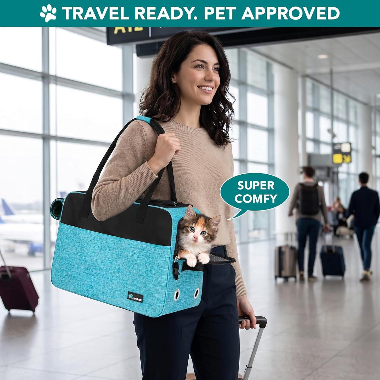 Soft-Sided TSA Airline Approved Dog Purse Carrier for Small Pets, Ventilated Travel Tote with Pockets, Bed & Shoulder Strap, Maximum Weight 12 lbs, Turquoise